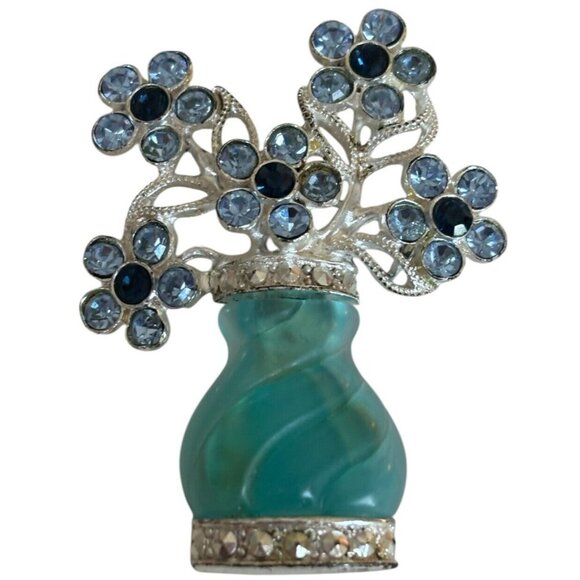 Avon Jewelry - Avon Pin Brooch Jewelry Flower Vase Blue Turquoise Color Rhinestones Silver Tone